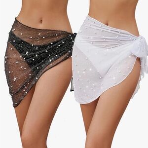 Black Silver Glitter and White Pearl Mesh Sarong Swim Cover Up